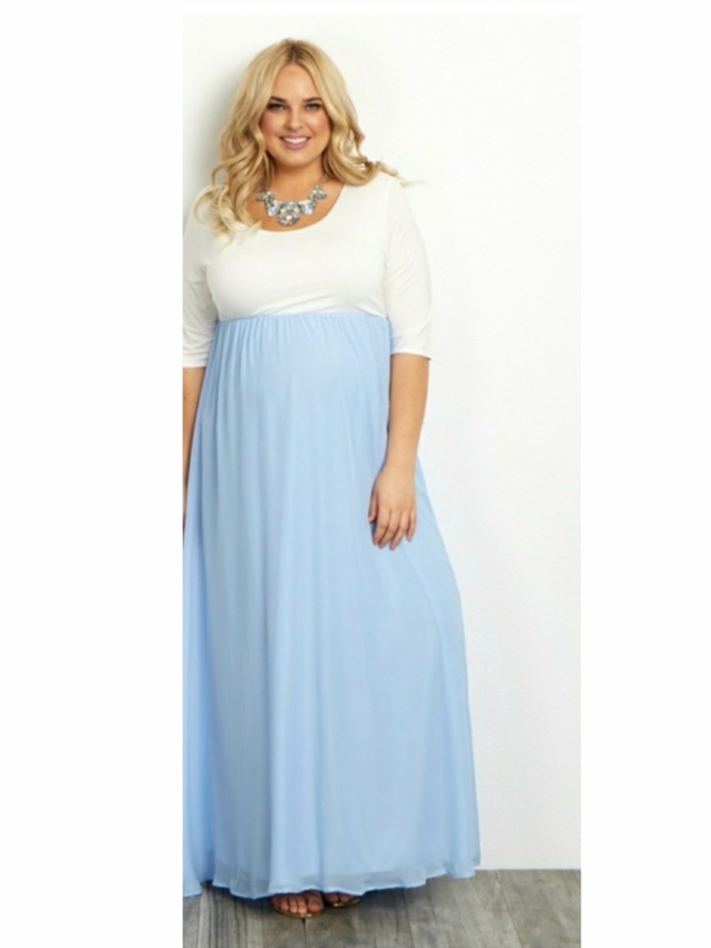 Chiffon Colorblock Small Maternity Maxi Dress in Light Blue and White